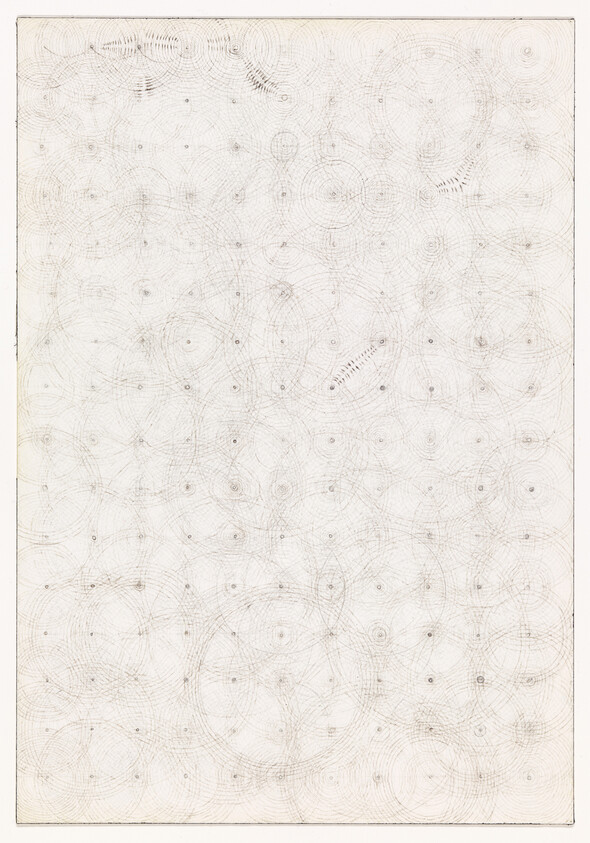 A detailed, hand-drawn pattern consisting of numerous overlapping circles and spirals creating a complex, web-like design on a white background. The intricate linework suggests a meticulous, possibly mathematical approach to the creation of the artwork.