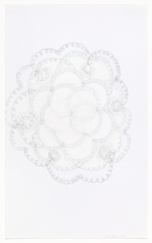Delicate pale gray overlapping circular pattern forms a lace-like rosette on a white background.