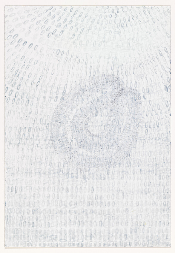 Faint concentric circular pattern made of repeated small oval marks across a pale background.