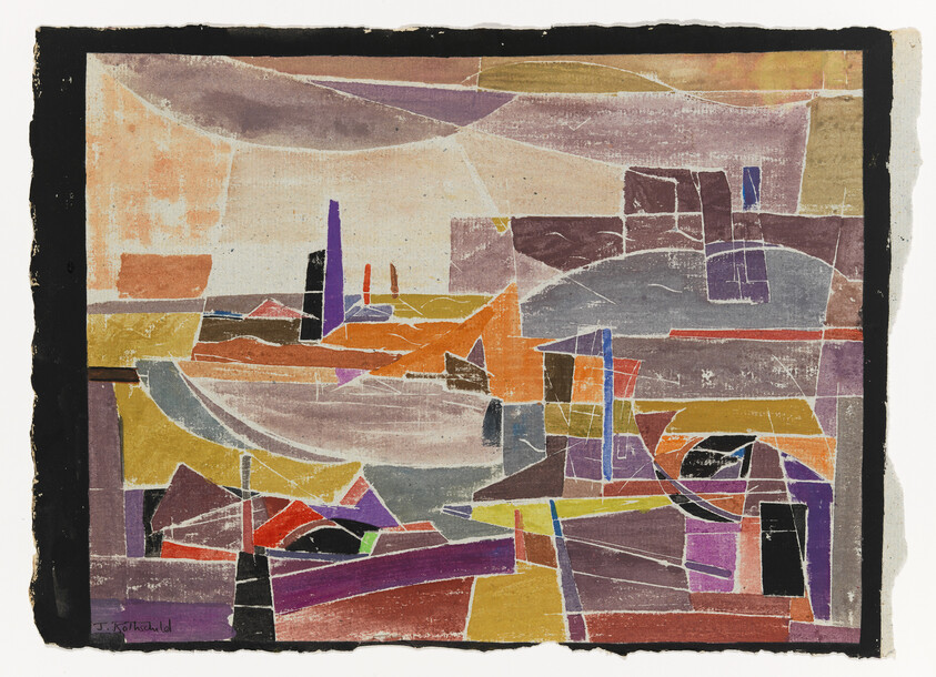 Bright abstract collage of overlapping geometric shapes and color blocks forming a fragmented landscape.