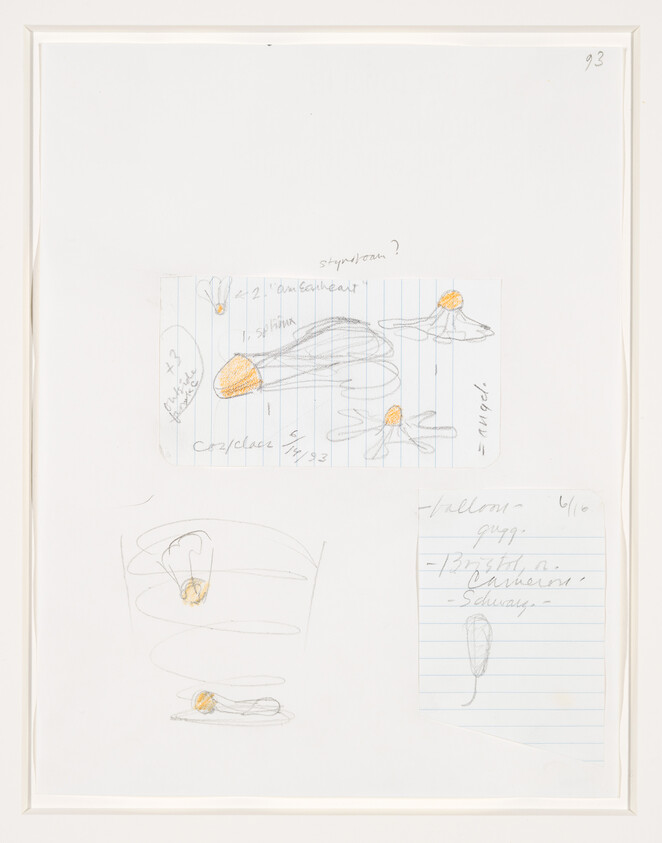 Sketches of small orange-tipped mushroom or flower shapes with handwritten notes on lined paper.