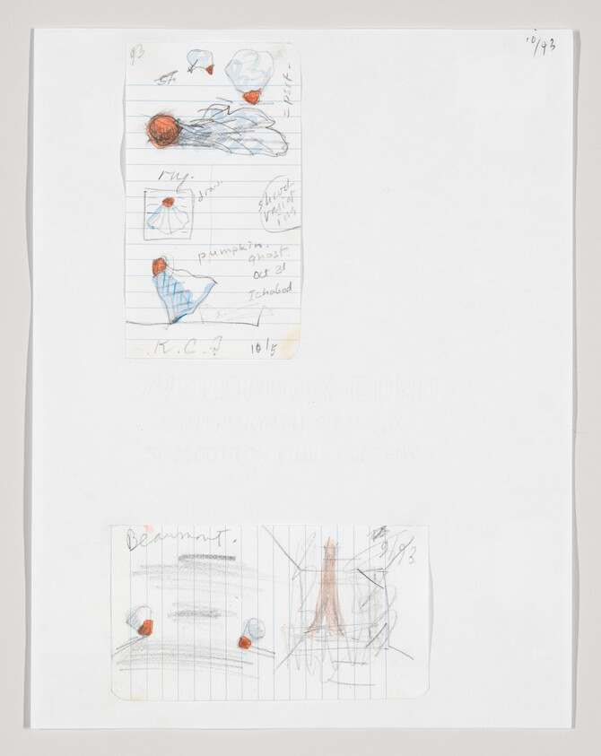 Two small notebook sketches show orange spheres and blue motion lines on a white sheet.