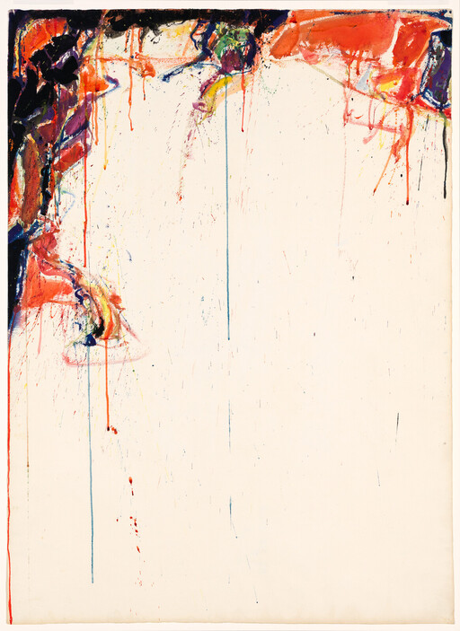 Abstract canvas with colorful paint drips and splashes concentrated along the top and left edges.
