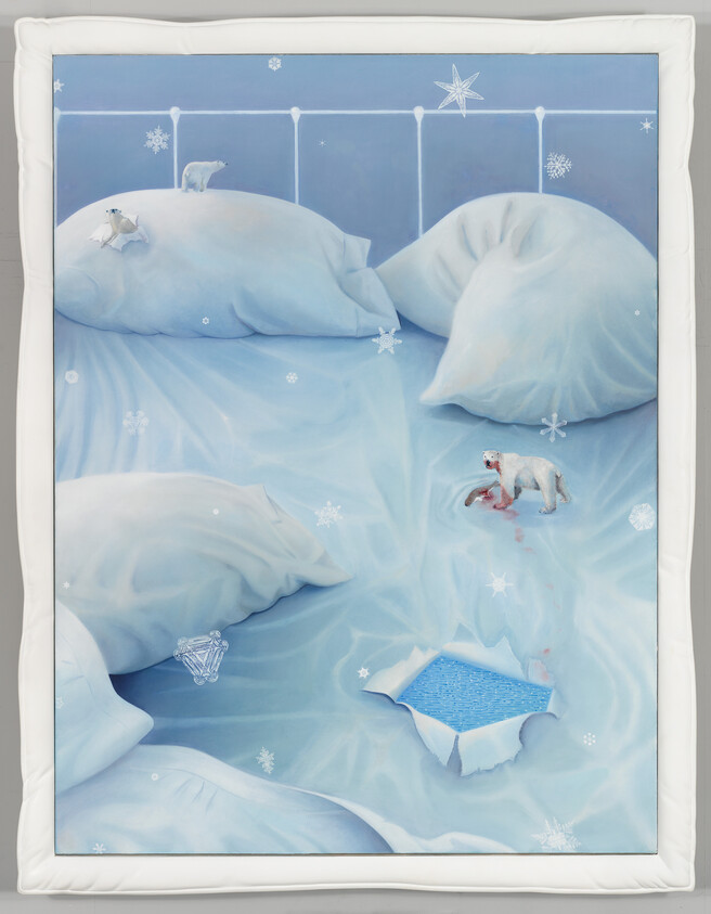 Small polar bears roam a pale blue bed, one eating a fish with a blood trail.