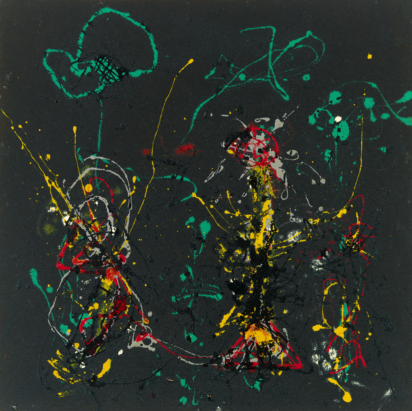 Abstract painting with colorful yellow, red, green, and white paint splatters and energetic drips on dark canvas.