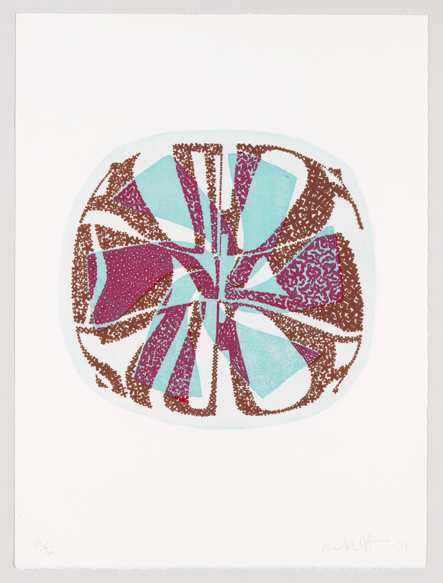 A colorful abstract print featuring a circular pattern with various shapes and textures in shades of blue, brown, and pink on a white background. The artwork is signed and dated in the lower right corner.