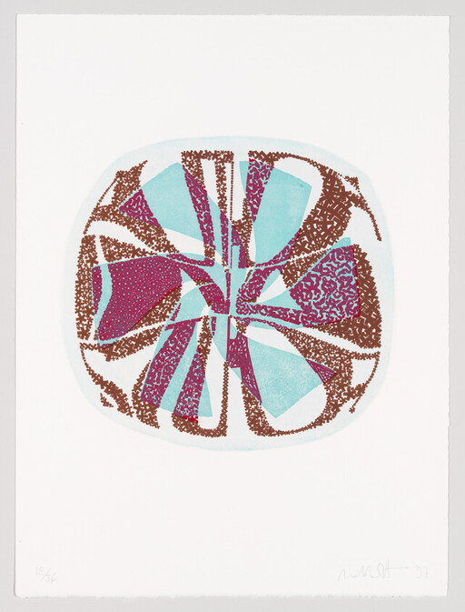 Abstract circular artwork with turquoise, magenta, and brown segmented shapes on a white background.