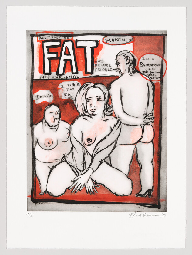 Illustration of three figures with a bold "FAT" headline, exploring themes of body image and self-perception.