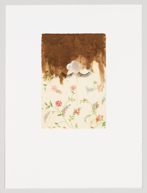Rectangular artwork with floral wallpaper, brown paint drip, a small cloud and false eyelashes.