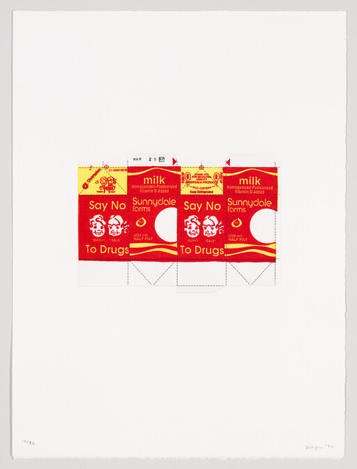 A red and yellow Sunnydale Farms milk carton print reads "Say No To Drugs" with smiling faces.