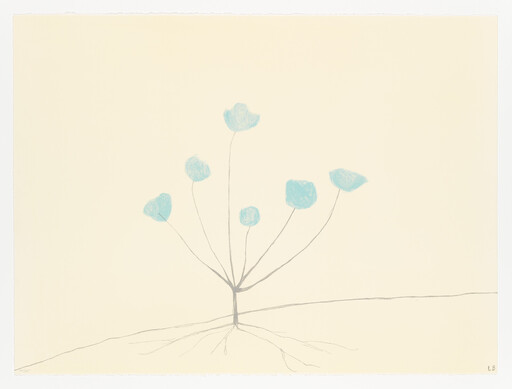 A small plant with six thin stems topped by blue rounded flowers and visible roots.