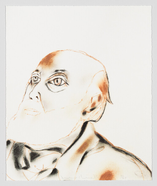 A bearded older man in a sketch looking upward with wide, expressive eyes.