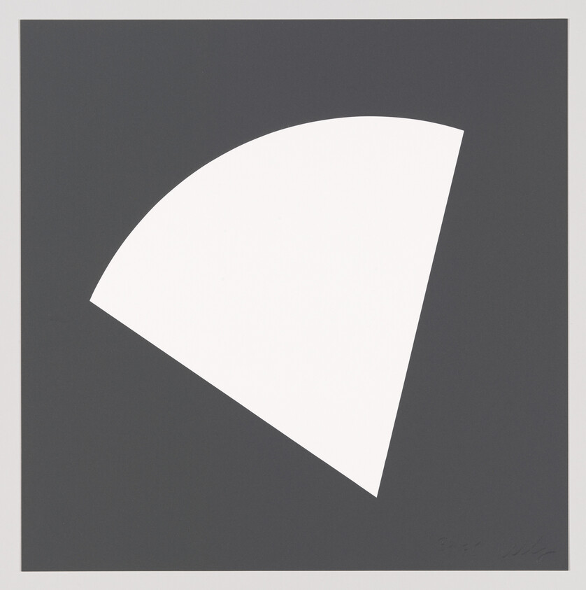 A minimalist artwork featuring a white quarter-circle against a dark gray square background, with the artist's signature in the bottom right corner.