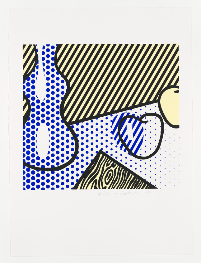 A graphic print featuring abstract shapes and patterns with a dominant blue dotted background, a black striped rectangle, wood grain texture, and a solid beige circle. The image includes a signature and edition number at the bottom.