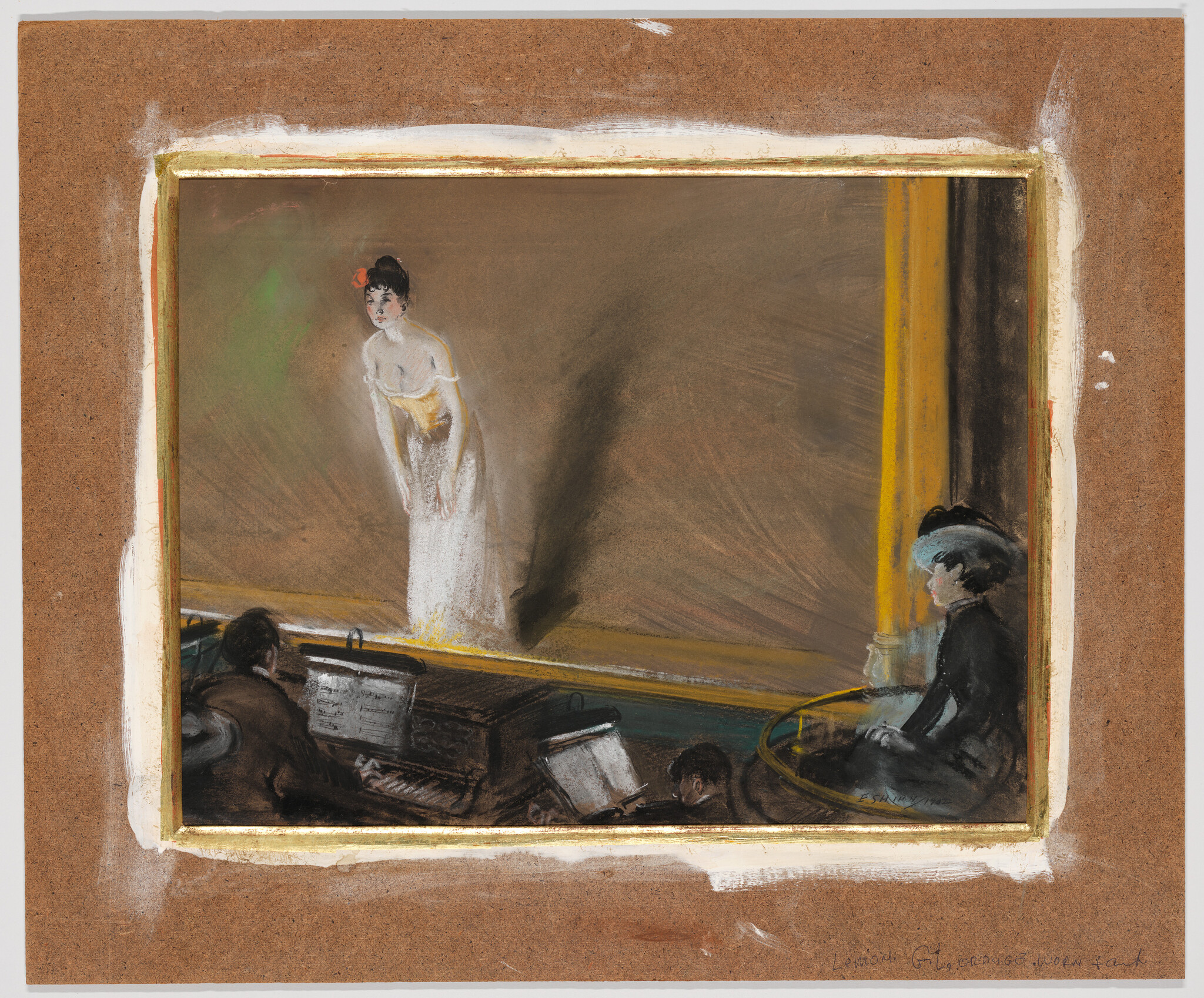 This is an image of a pastel drawing depicting a scene with a singer performing on stage, viewed through a framed opening. The singer is dressed in a white gown with a red flower in her hair, standing in the spotlight. In the foreground, a pianist and another musician are seated at a piano, with sheet music visible. The setting suggests a rehearsal or intimate performance. The drawing is bordered by a brown paper edge, giving the appearance of a picture within a picture, and there are handwritten inscriptions at the bottom.