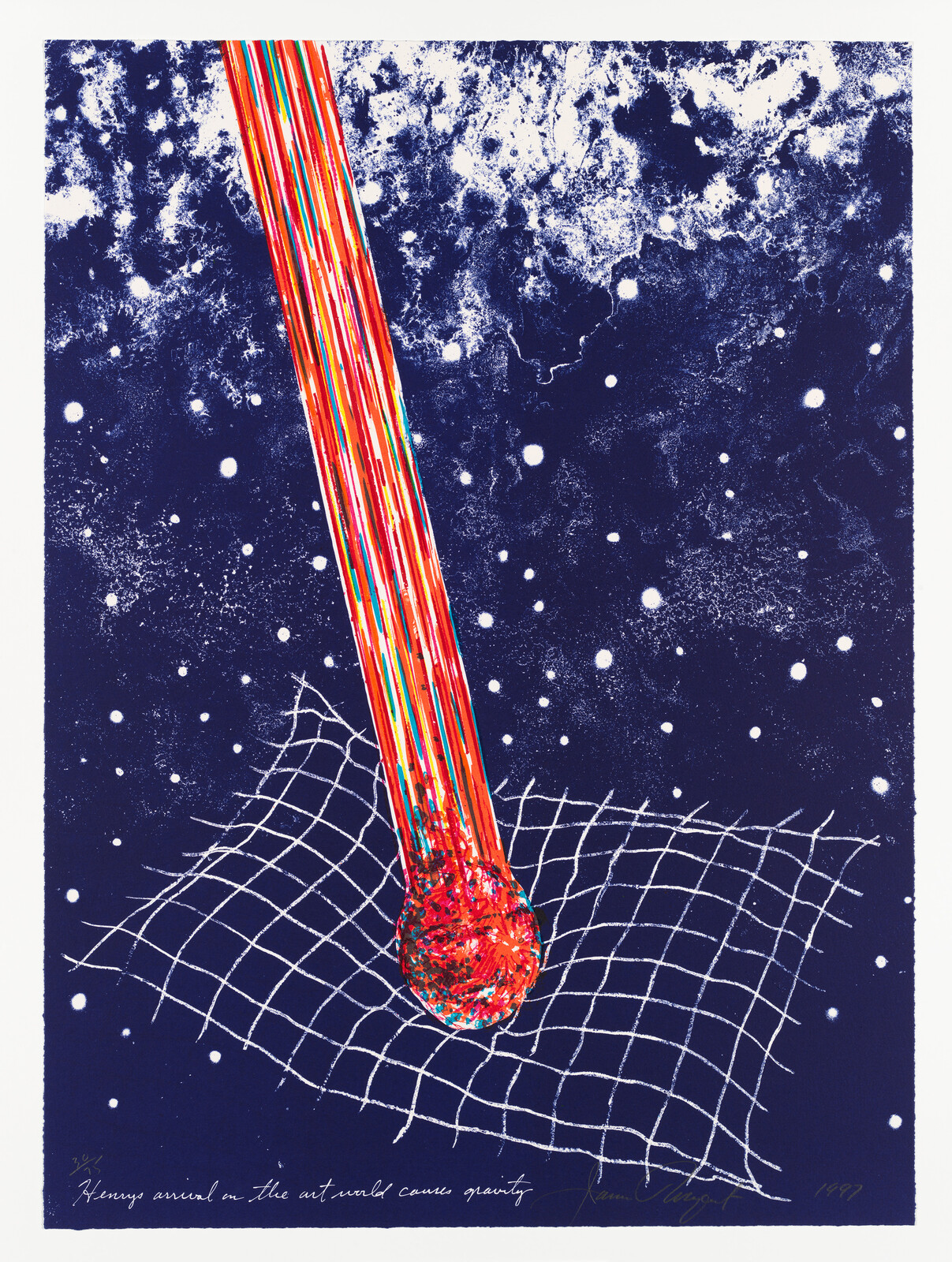 A vibrant, abstract representation of a comet streaking through space, depicted with a multitude of colorful, parallel lines against a dark blue background speckled with white dots to simulate stars. Below the comet, a white grid resembling a curved spacetime fabric illustrates the concept of gravity, with the comet's path distorting the grid. The image includes handwritten text at the bottom that reads "Heavy metal in the asteroid causes gravity," signed and dated by the artist.