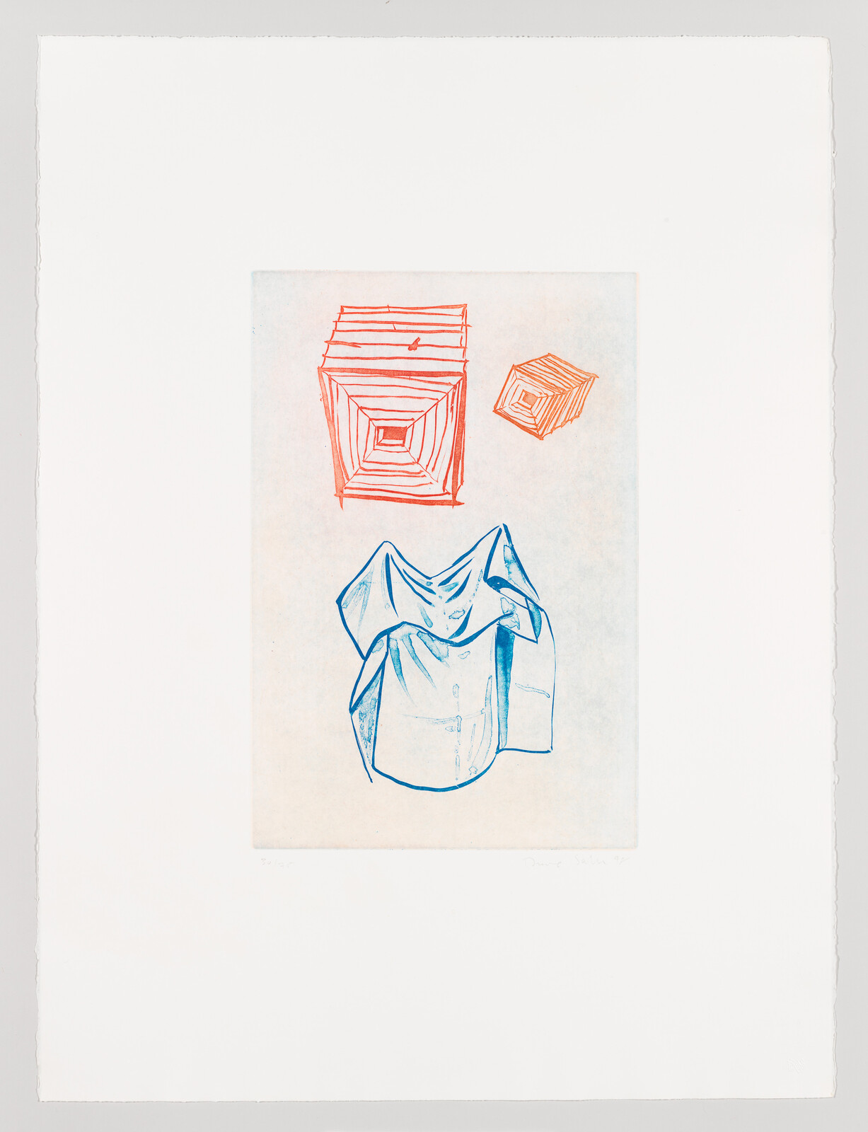 A print featuring abstract sketches of geometric shapes and a garment. The top portion shows two red sketches of cubic forms, one appearing like a box within a box, and the other a flat, skewed square. Below, a larger blue sketch of a folded shirt with visible buttons and collar details. The artwork is centered on a white background with the artist's signature and a date at the bottom right corner.
