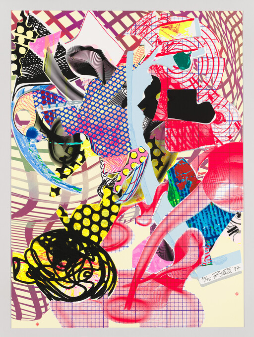 Bright abstract collage of overlapping patterned shapes, swirls, and grids in vivid colors.