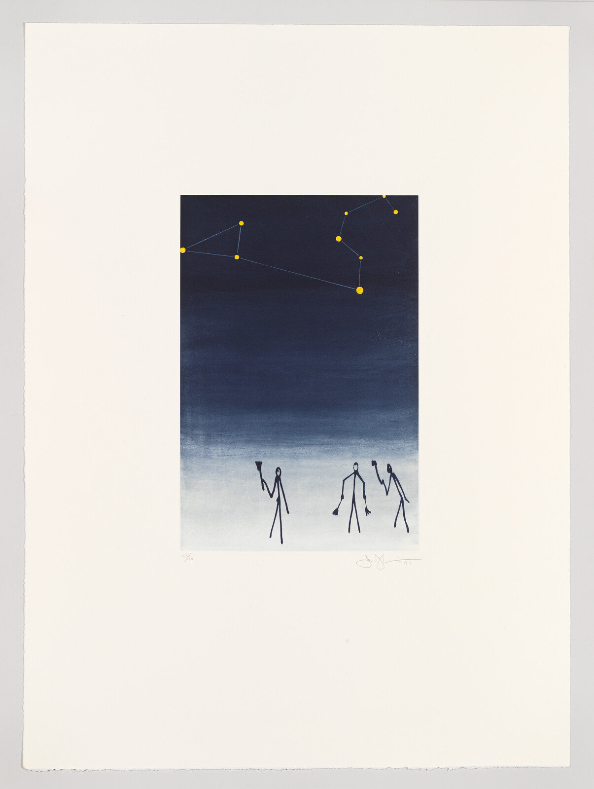 A minimalist artwork featuring three stylized human figures walking on a gradient blue to white background, with a constellation of yellow dots connected by thin lines above them. The piece is signed and numbered at the bottom.