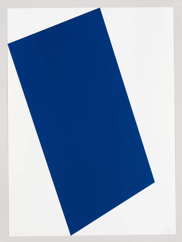 A minimalist artwork featuring a tilted blue rectangle on a white background, with a signature and edition number at the bottom.