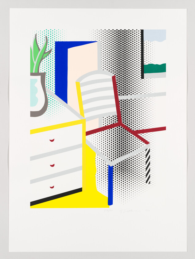 A colorful abstract print featuring geometric shapes and patterns that resemble a stylized interior scene with a chair, a vase with plants, and a chest of drawers. The artwork uses a limited palette with primary colors and halftone dots to create depth and texture.