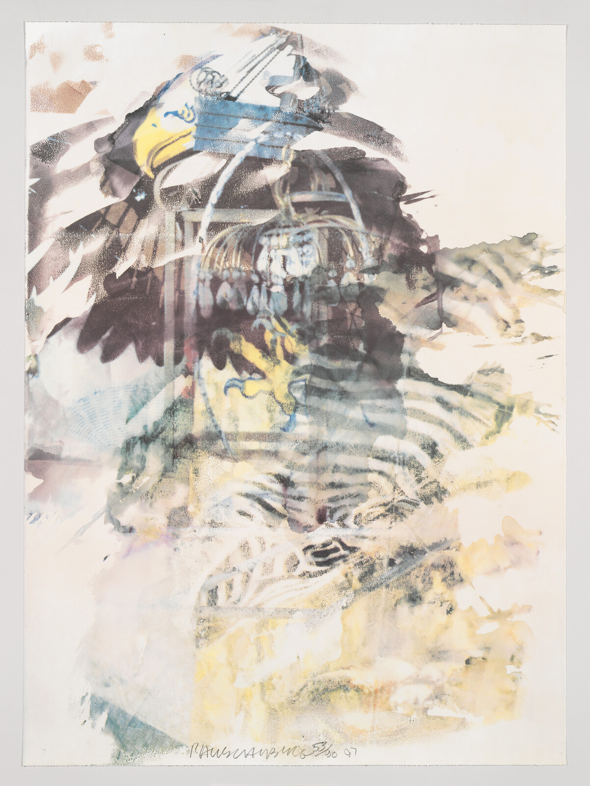 An abstract artwork featuring a blend of various colors and shapes with a dominant presence of blue and yellow hues. The image has a dreamlike quality with overlapping patterns and textures that create a sense of depth and movement. There are hints of recognizable elements such as what might be parts of a bird or mechanical components, but they are obscured and integrated into the overall abstract design. The bottom of the artwork contains handwritten text, possibly a signature and date, indicating the piece's creation.