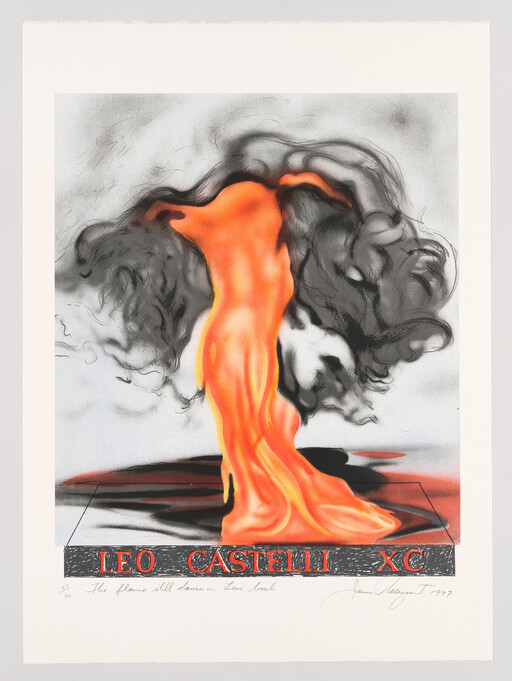 A bright orange flame rises against smoky black swirls above a platform labeled "Leo Castelli XC".