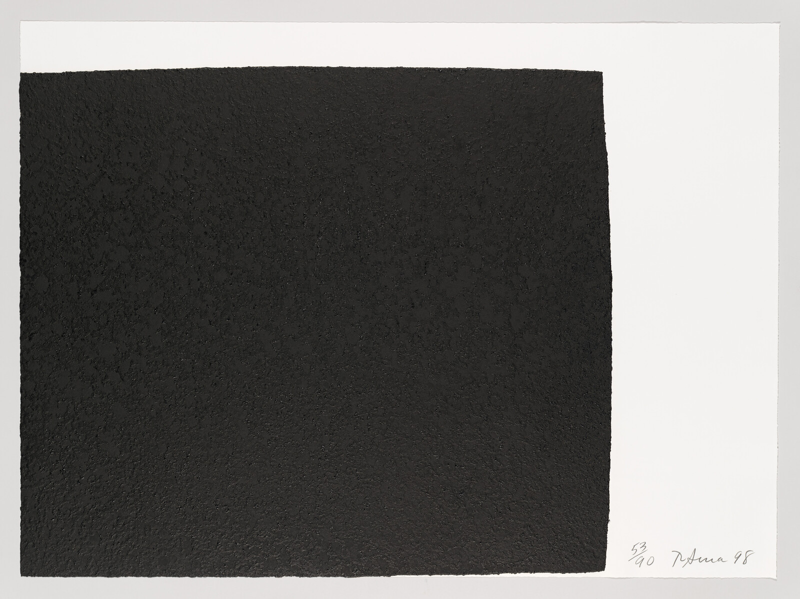 A textured black square dominates the center of the image, set against a white background. The lower right corner of the white space features a signature and a date.