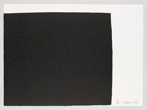 Large textured black square on a white background with a small artist signature at the bottom right.
