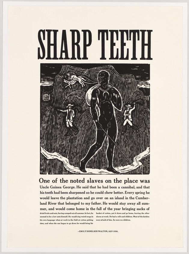 Poster titled "Sharp Teeth" showing a large central figure with a spear in a woodcut scene.