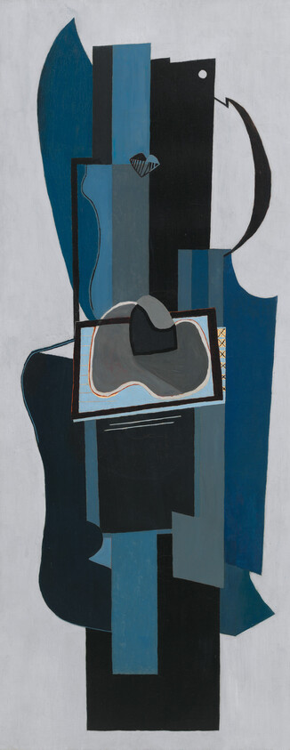 Tall abstract composition of blue and black geometric shapes with a central framed organic form.