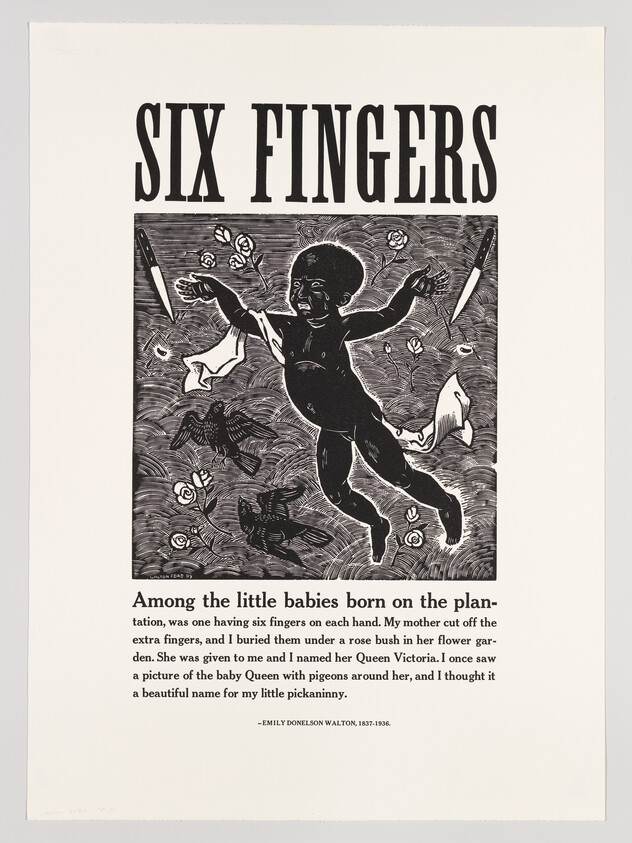 Poster titled "SIX FINGERS" shows a floating baby with outstretched arms surrounded by birds and knives.