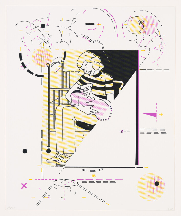 Person sitting in a chair feeding a baby with a bottle amid abstract graphic elements.