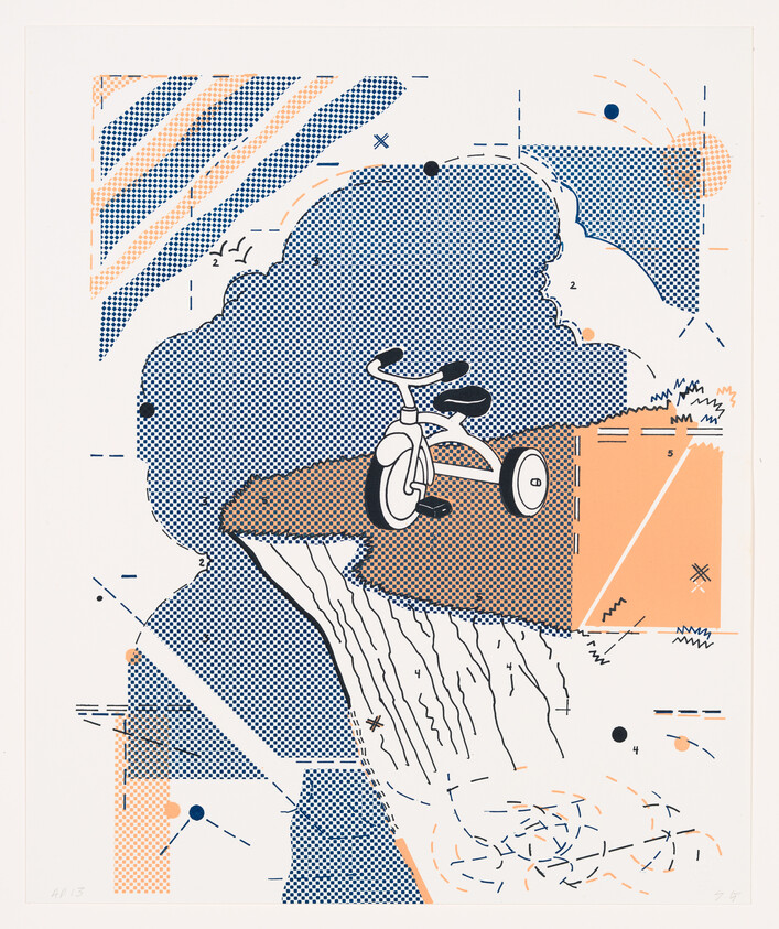 A small tricycle sits on the edge of a steep, patterned cliff.