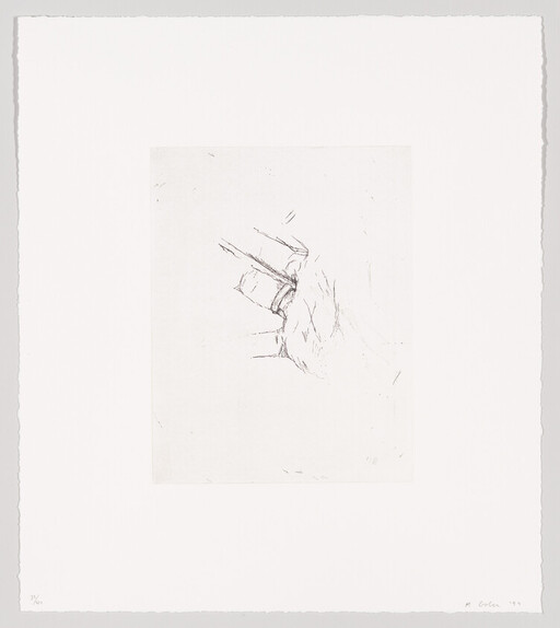 A simple pencil sketch of a hand holding a small rectangular object, with loose contour lines.