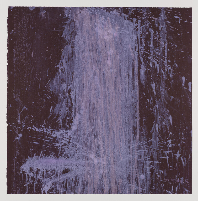Abstract painting showing vertical purple drips and textured streaks resembling a falling waterfall.