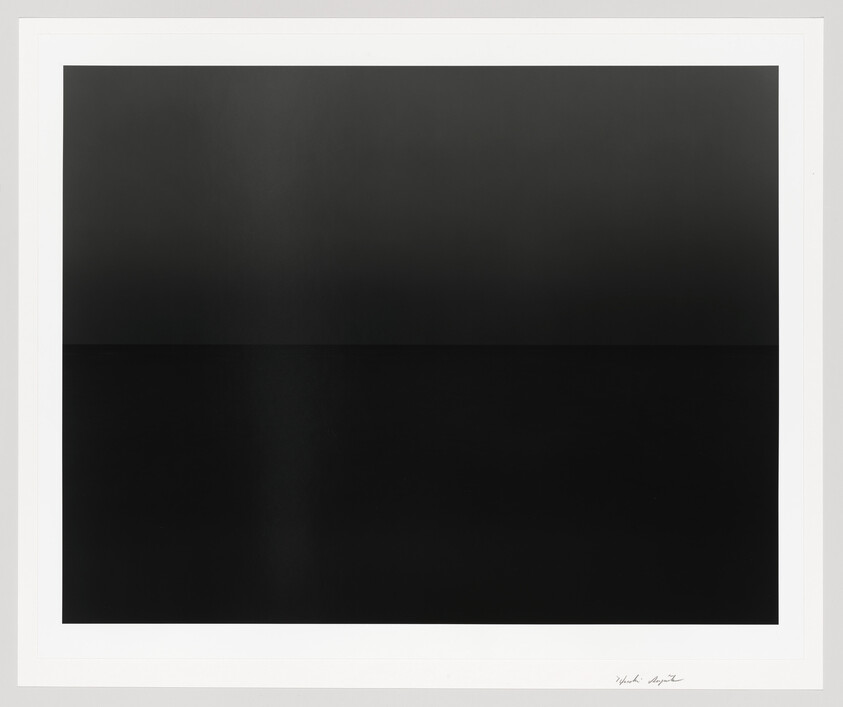Framed minimalist artwork showing two large dark horizontal rectangles with a white border and signature.