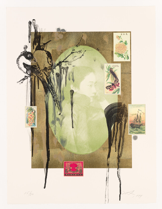 A mixed media artwork featuring a central faded portrait of a person overlaid with a translucent green circle. Surrounding elements include a bird perched on a branch with black ink drips, various small images of flowers, insects, and a ship, as well as a red square with a decorative pattern at the bottom left. The piece has an abstract and collage-like aesthetic with signatures and numbering at the bottom.