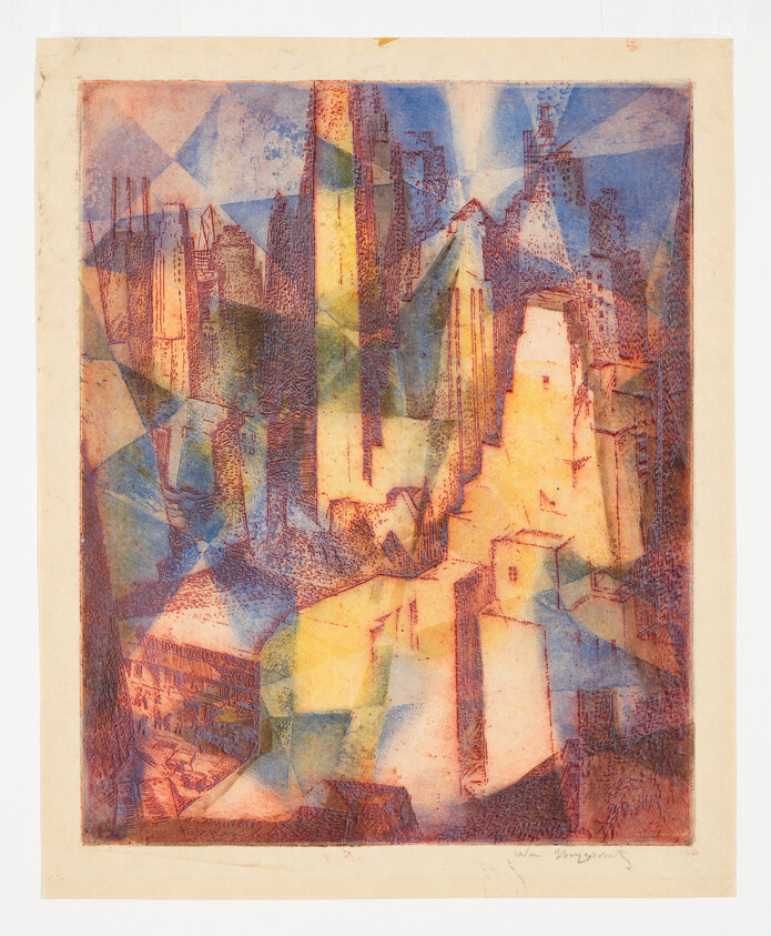 Abstract cityscape with geometric tall buildings and overlapping translucent color planes.