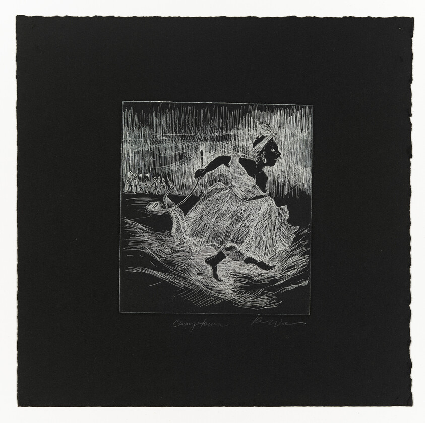 A woman in a flowing dress and headwrap runs through water toward a distant group.