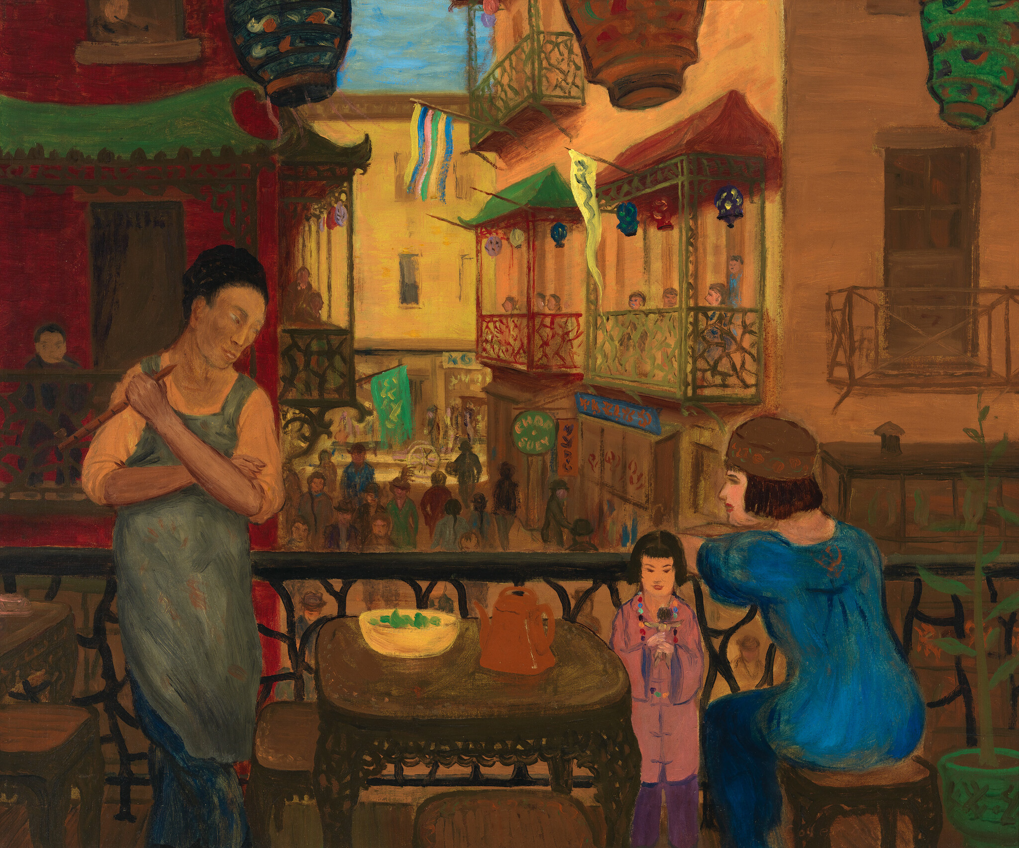 A woman and child sit on a balcony overlooking a crowded street while a vendor leans nearby.