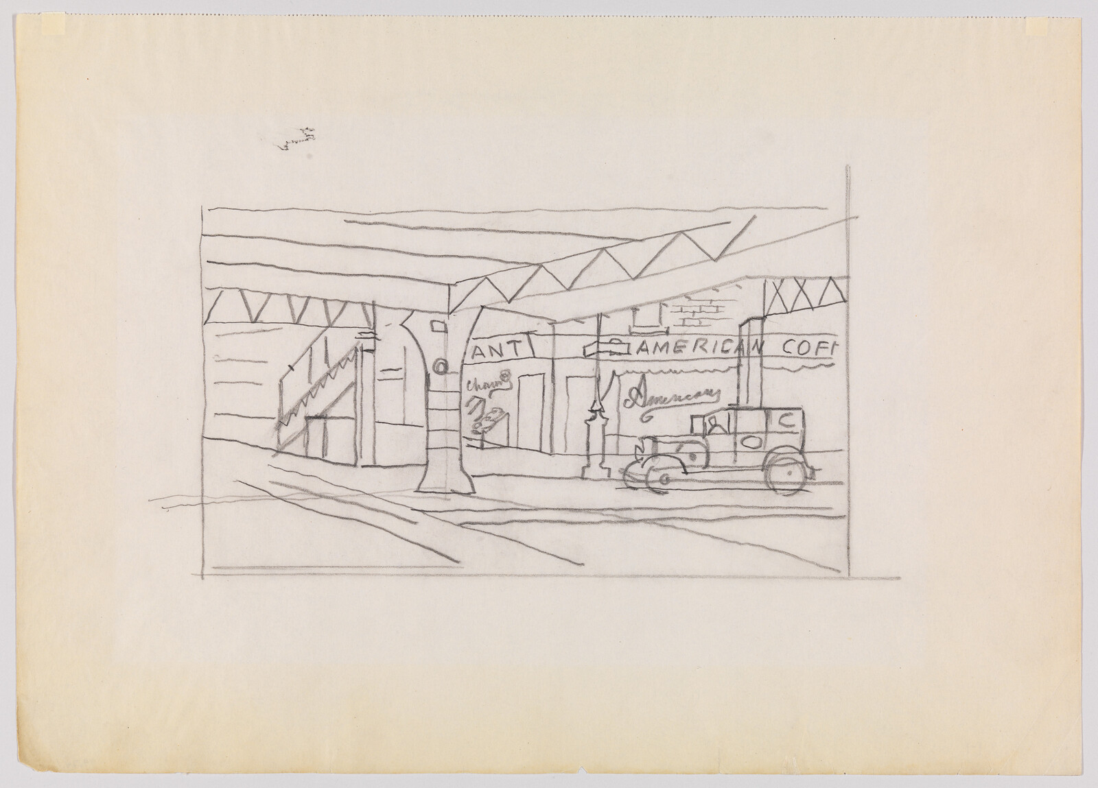 A simple pencil sketch of a city street with a vintage car parked by an American coffee storefront.