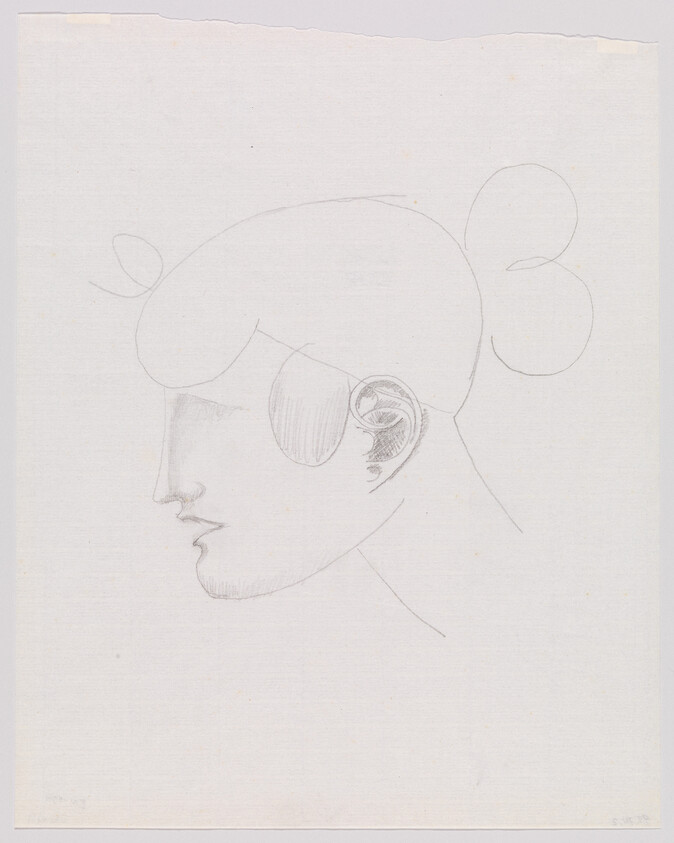 Pencil sketch of a woman's side profile with a bun, shaded eye area, and detailed ear.