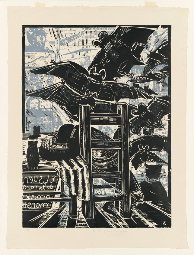 A graphic print featuring a complex overlay of images and text, with a dominant theme of bats flying over and around architectural structures. The artwork is rendered in a limited color palette, primarily black and white, with text elements reversed out of dark areas. The composition is dynamic, with a sense of movement and depth created by the layering of the bats and buildings. There is a handwritten note at the bottom that reads "The Sleep of Reason Produces Monsters."