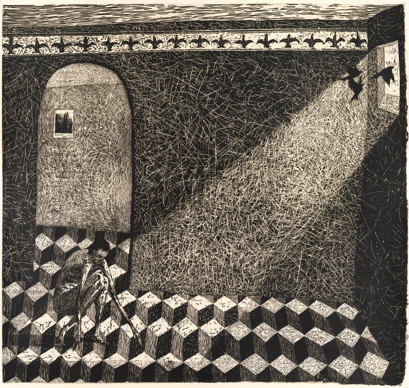 A cloaked figure crouches on a checkerboard floor while a beam of light and birds enter.