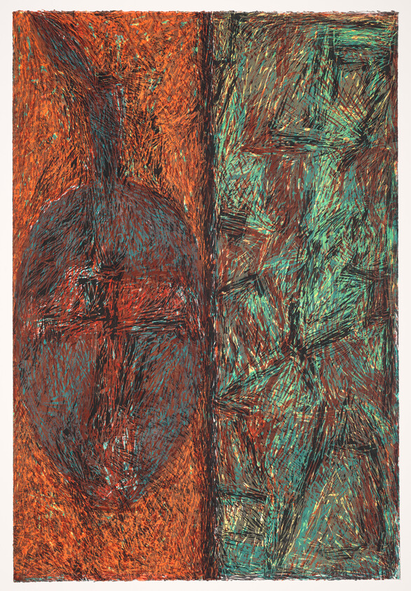 An abstract artwork featuring a dense array of scribbled lines in contrasting colors, with a division down the middle suggesting two distinct but related sections. The left side is dominated by warm orange and red tones, while the right side features cooler blue and green hues. The texture and movement created by the lines give the piece a dynamic and energetic feel.