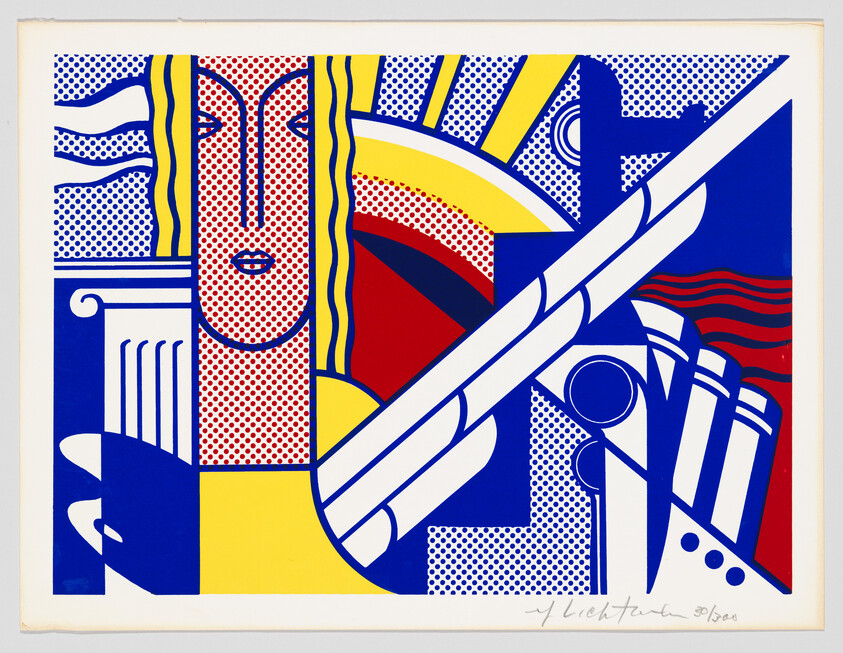 Bright pop-art composition of a stylized face, sun, wing, and geometric shapes.