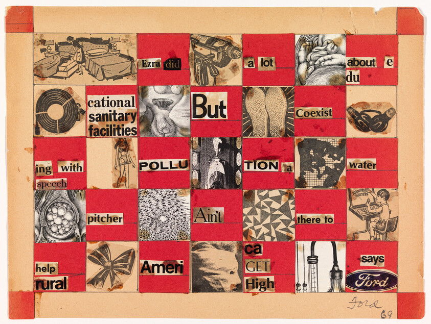 Red-and-beige checkerboard collage of vintage images and cut-out words including "But" and "Pollution".