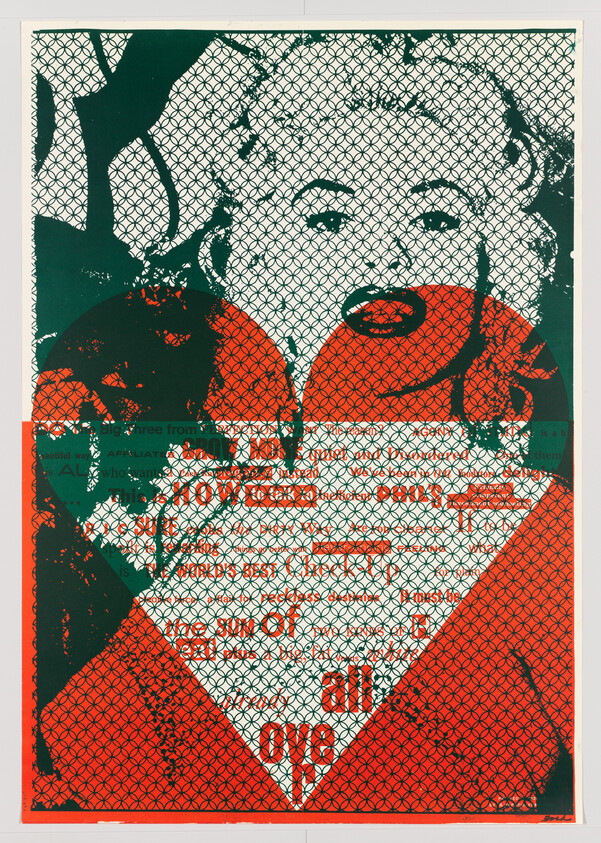 Marilyn Monroe portrait overlaid with red heart and green crosshatch pattern and layered text.