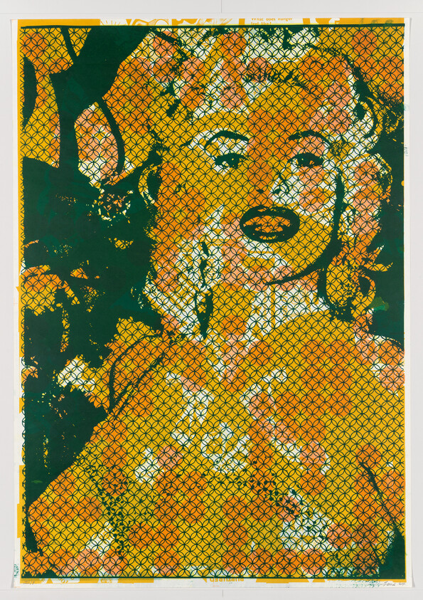 Portrait of a blonde woman with bold makeup overlaid by a green geometric lattice pattern.